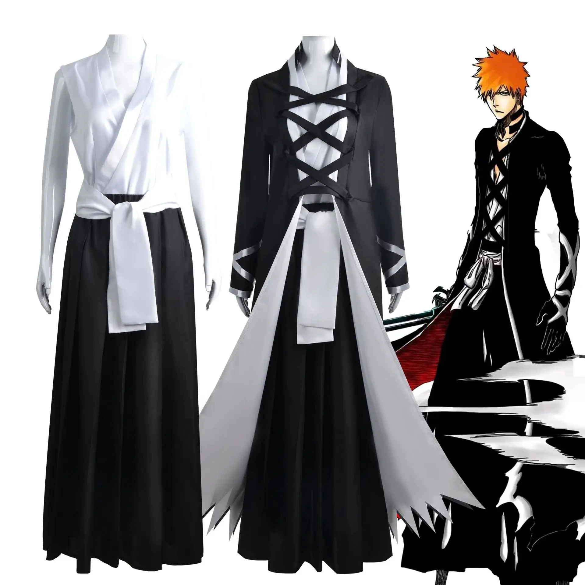 Anime Bleach Cosplay Costumes Kurosaki Ichigo Handsome Cool Black Role Play Robe Clothing for Men and Women Cosplay