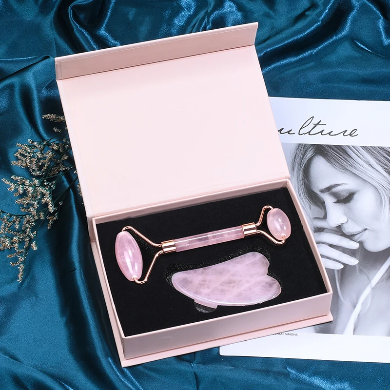 Ролик для лица из натурального розового хрусталя и гуаша массажный инструмент для подтяжки кожи лица из розового кварца нефритовый ролик для лица Gua Sha набор