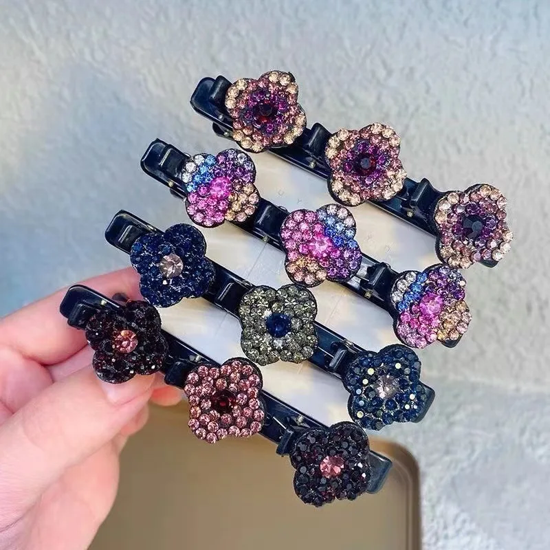 Sparkling Crystal Stone Braided Hair Clips - Four-Leaf Clover Chopped Hairpin Duckbill Clip Braided Hair Clip with Rhinestones