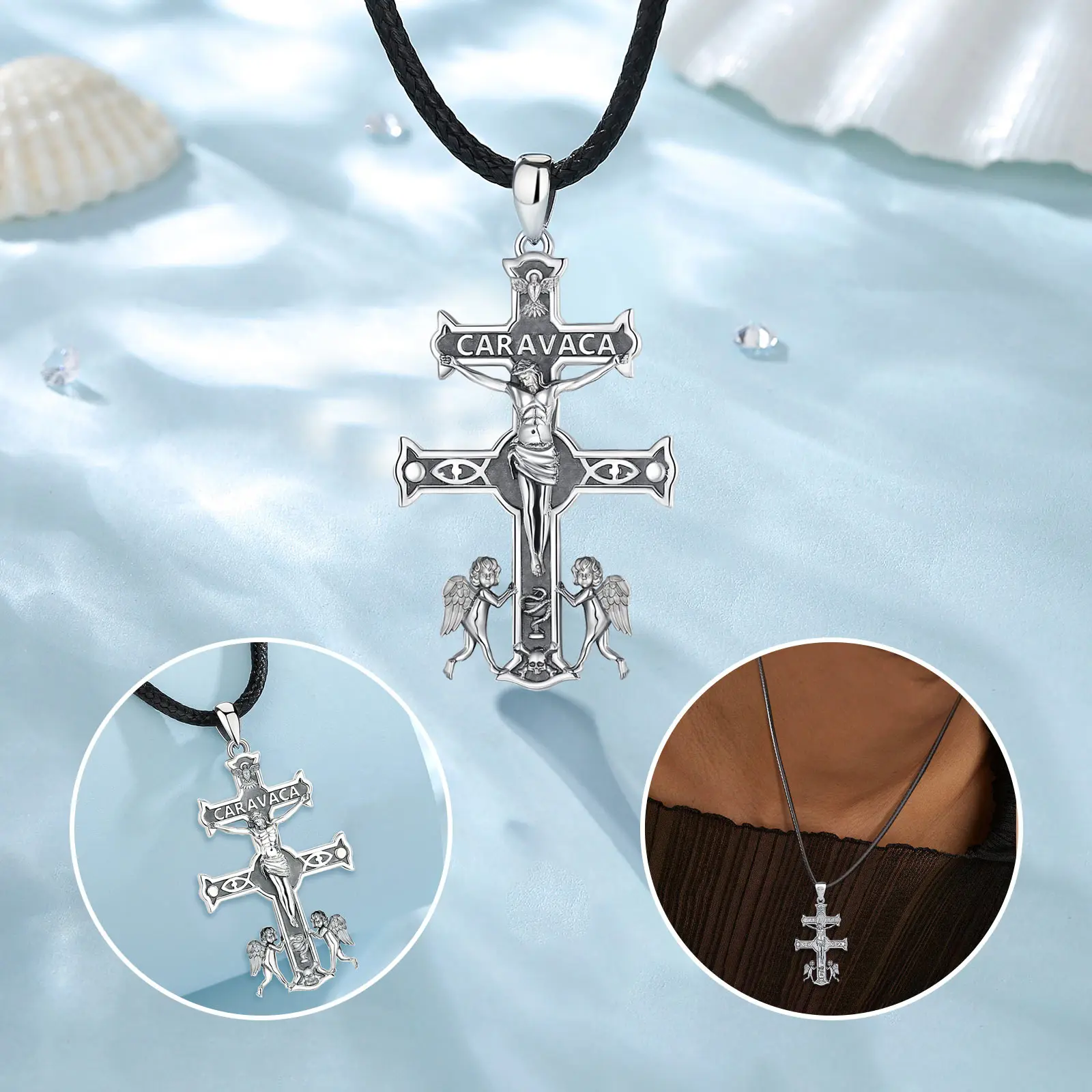 Merryshine Christian Amulet Religious Jewelry Jesus 925 Sterling Silver Double Cross Crucifix Caravaca Necklace for Men