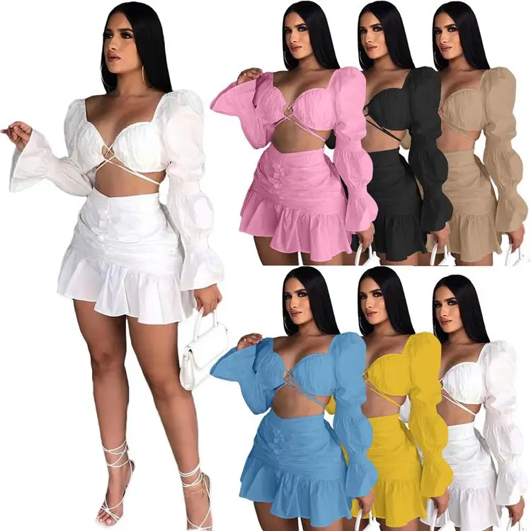 Newest Design Solid Color Lantern Sleeve Pleated Skirt Stylish Crop Tops Two Piece Skirt Sets Women Fashion 2022