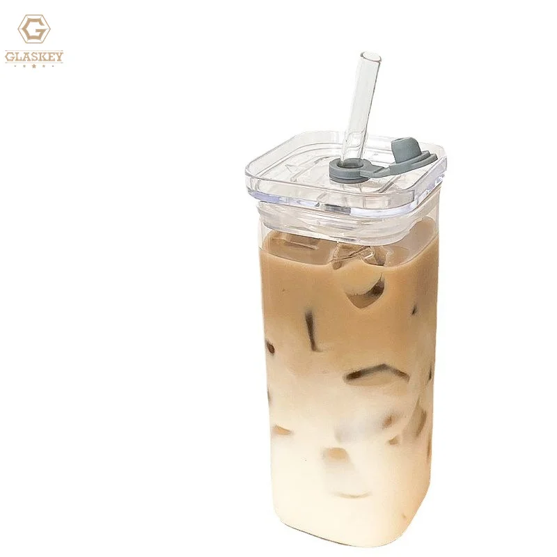 Прозрачный 350 мл квадратная стеклянная чашка кофейная кружка заводская цена индивидуальная посуда боросиликатное пиво стаканы с крышками соломенные