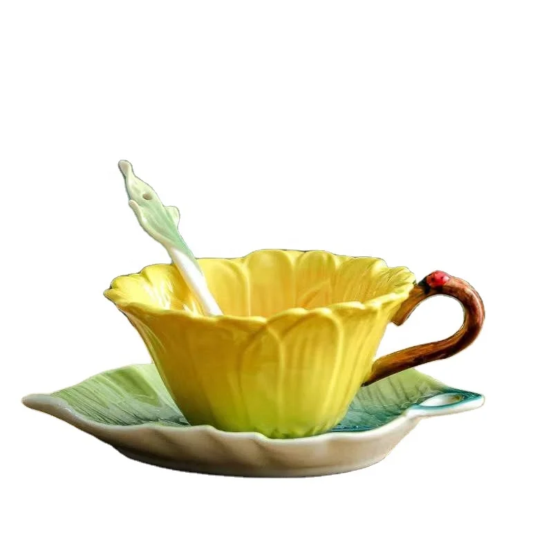 3D flower shape ceramic cup and saucer with spoon for welding party or tea time