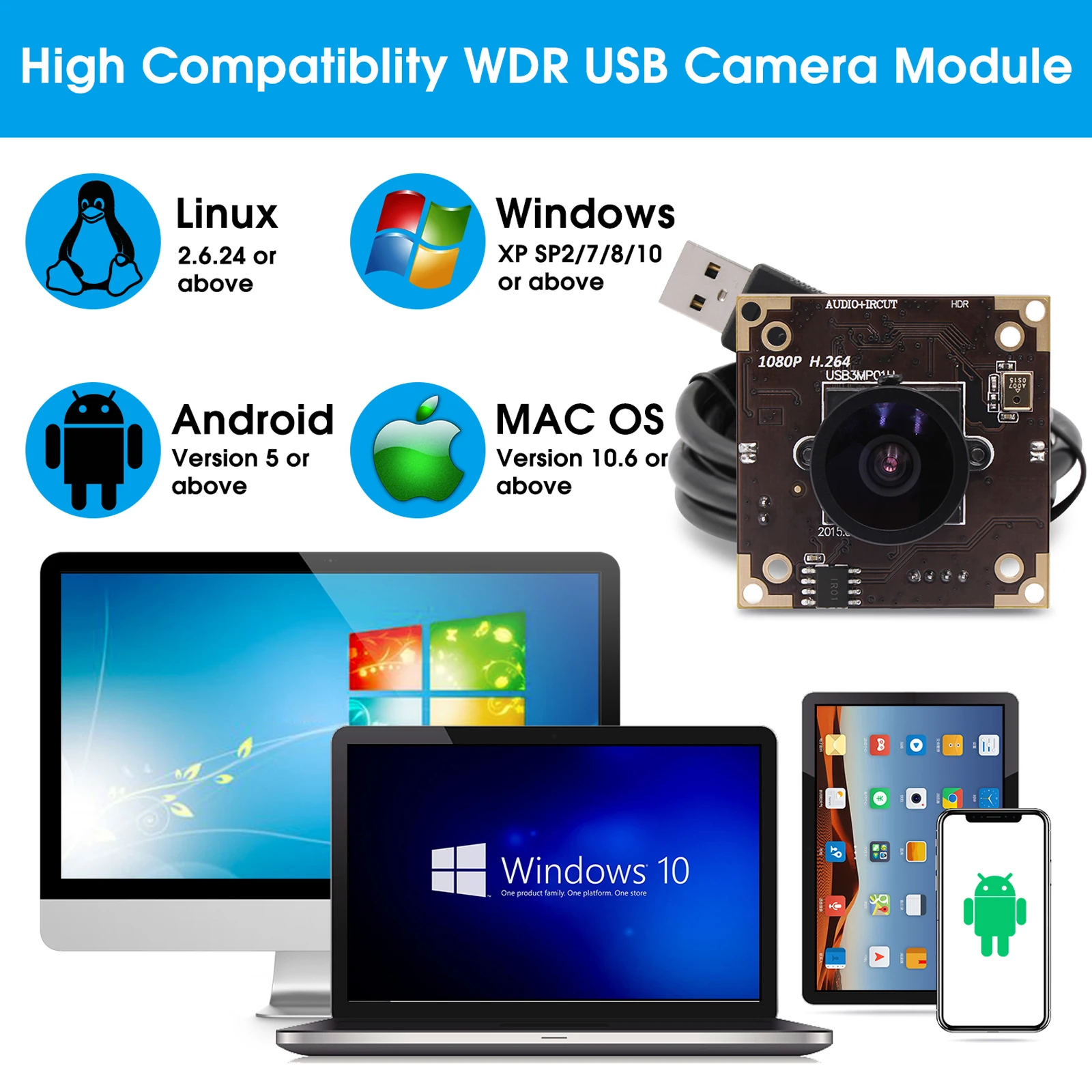 ELP Web Cam WDR H.264 HD 30fps 3mp Audio Camera PCB Mini Board Industrial Camera Module Wide Angle with 2.9mm lens