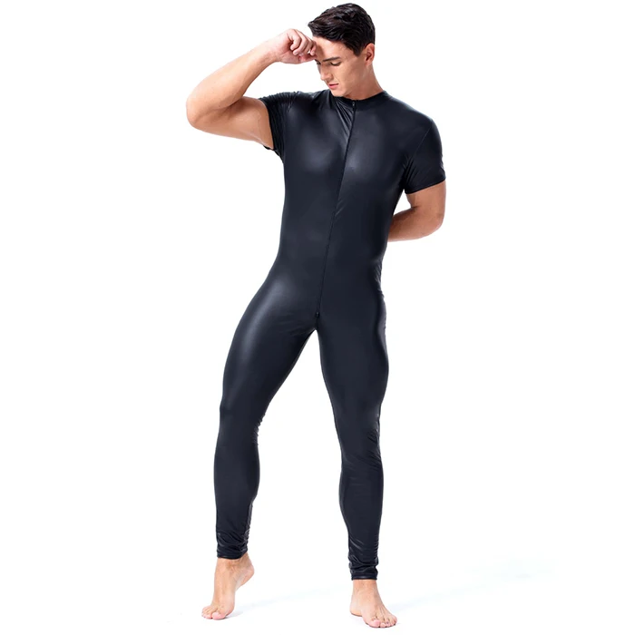 
Wonder Beauty Mens Faux Leather Jumpsuit Short Sleeve Skinny Vinyl Body Suit Gay Clubwear 