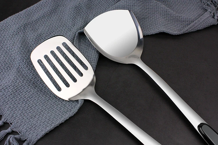 
Eco-friendly Reusable Black Plastic Handle Stainless Steel Kitchen Utensils Set Kitchenware Home Cuisine Cooking Tool 