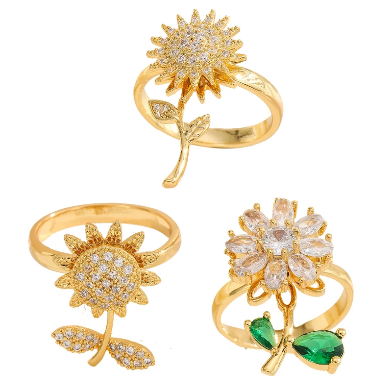 Модный медный микро инкрустированный Циркон 18K Золотое вращающееся кольцо Подсолнух избавляет от тревожности свадебный подарок на праздник
