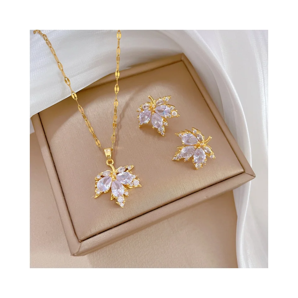 Titanium steel micro-inset necklace earrings set Maple leaf full diamond personality temperament earrings collar combination