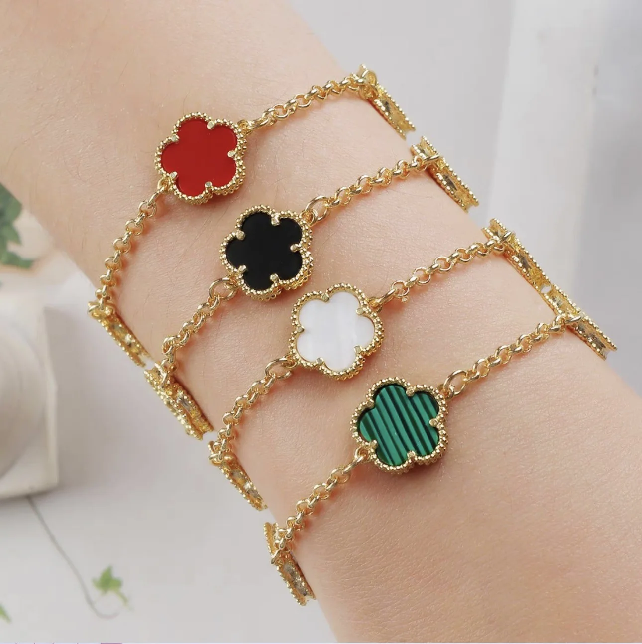 Carline Topsale Five Leaf Clover Bracelet Shell Colorful Jewelry Stainless Steel 18k Gold Plated Bracelet Five Flower Bracelet