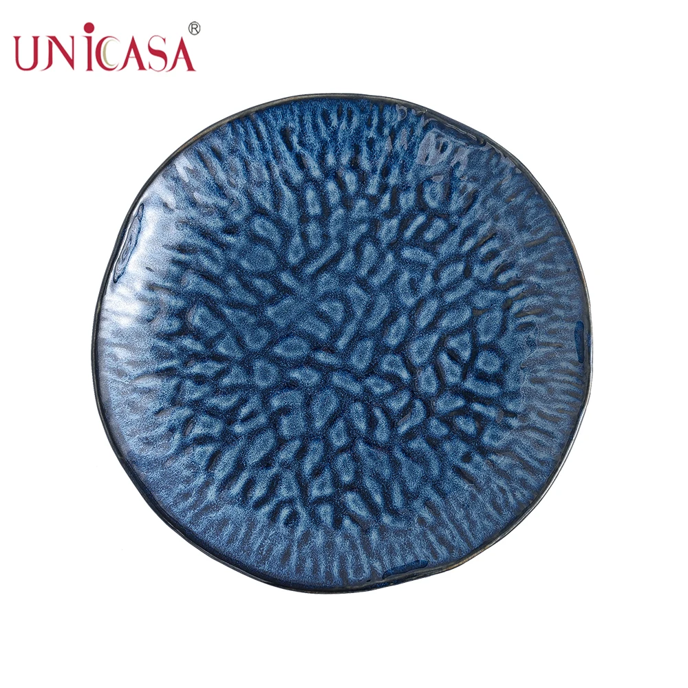 Круглая фарфоровая обеденная тарелка UNICASA, безопасная для микроволновой печи керамическая тарелка синего цвета