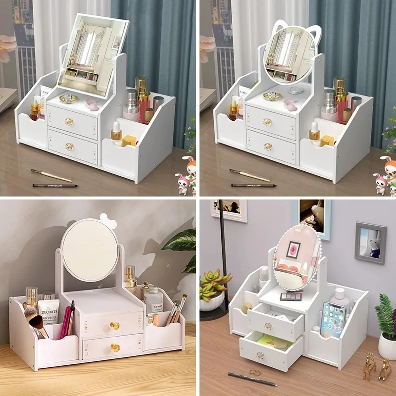 Multifunctional Luxury white round mirror nordic cosmetic storage box makeup organizer with cat ears with Mirror