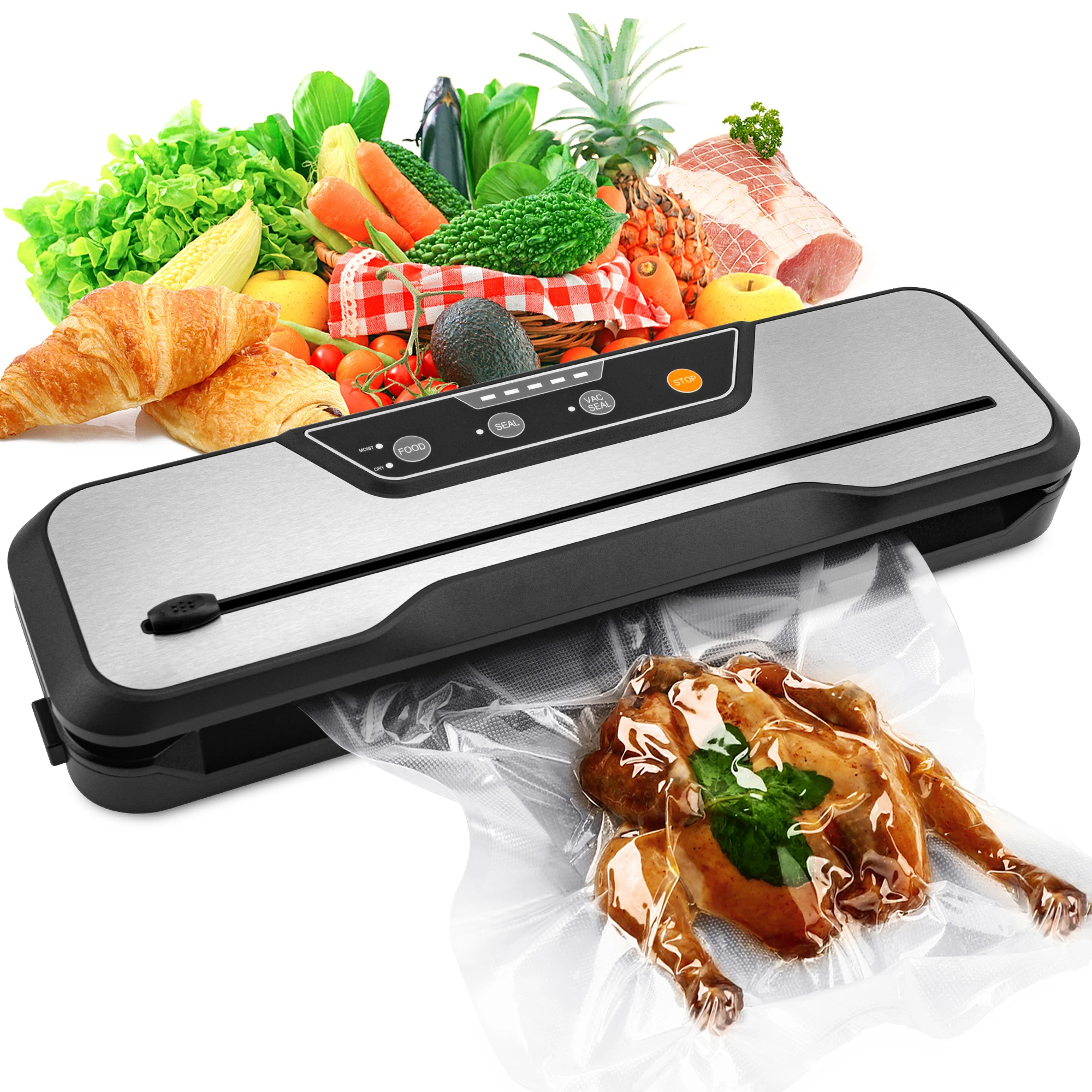 External Household Portable Stainless Steel Vacuum Packing Machine with Food Vacuum Bags Rolls Storage for Kitchen