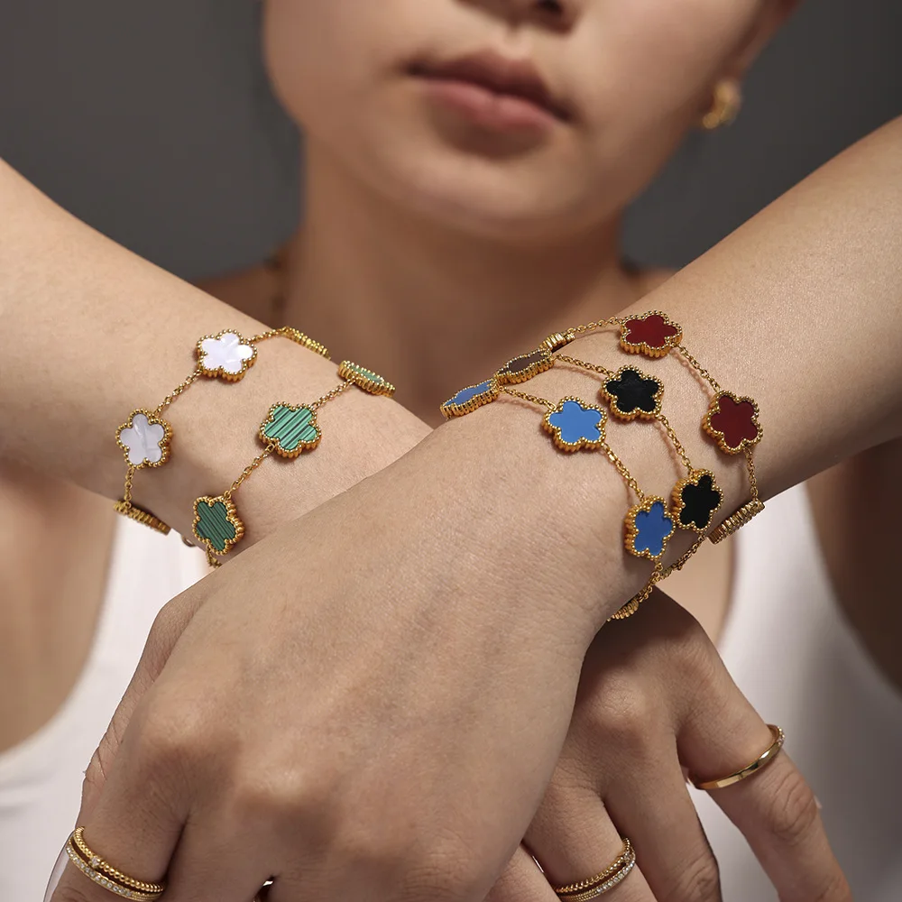 High Quality Lucky Black White Clover Bracelet Gold Non Tarnish Waterproof 316L Stainless Steel Leaf Clover Bracelet