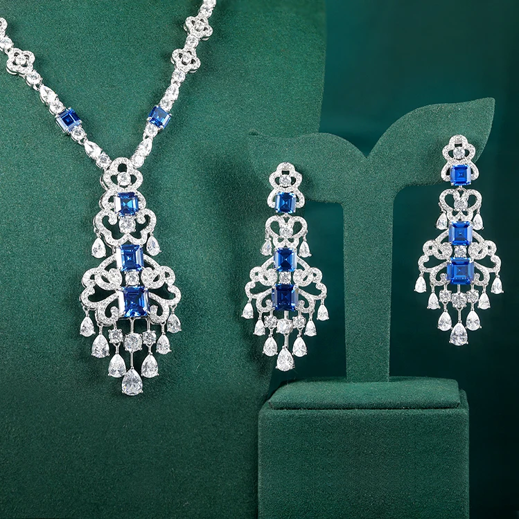 Fashion 925 sterling silver party necklace and earrings jewelry set full cubic zirconia jewelry set