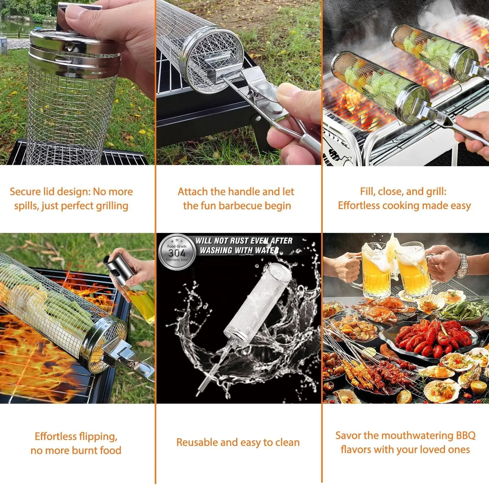 2024 new product grill accessories 304 Stainless Steel Cylinder BBQ Rack rolling grilling basket