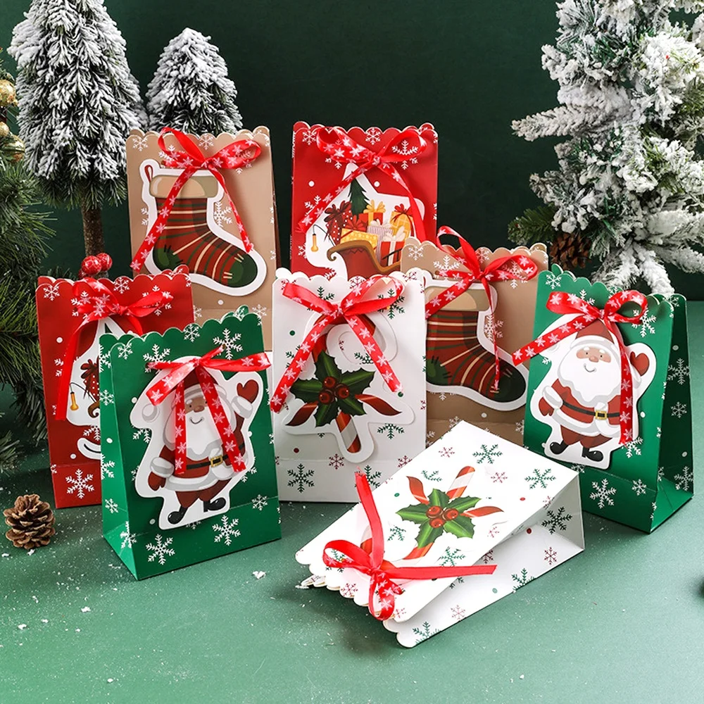 Christmas Themed Ribbon Paper Cookie Gift Bags Candy Sweet Packaging Bag for New Year Merry Christmas Xmas Party Package