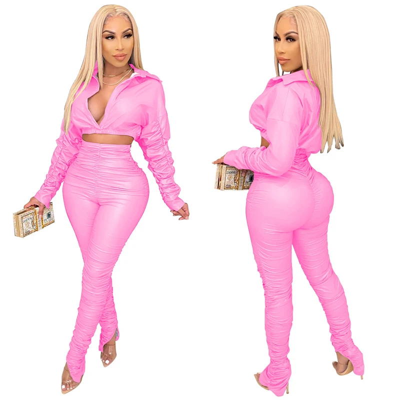 
Wholesale ladies long sleeve solid color crop pu leather sexy fashion 2021 women two piece pants set clothing 