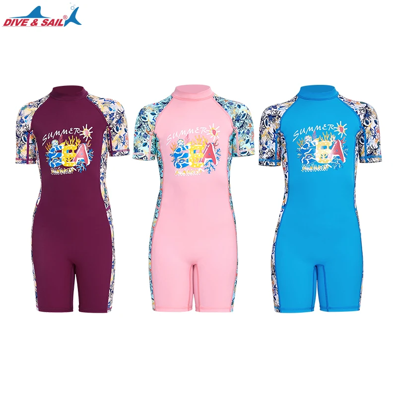 Оптовая продажа 2022 детская одежда для плавания с принтом дайвинга и паруса Цельный купальник защитой от ультрафиолета короткими рукавами девочек