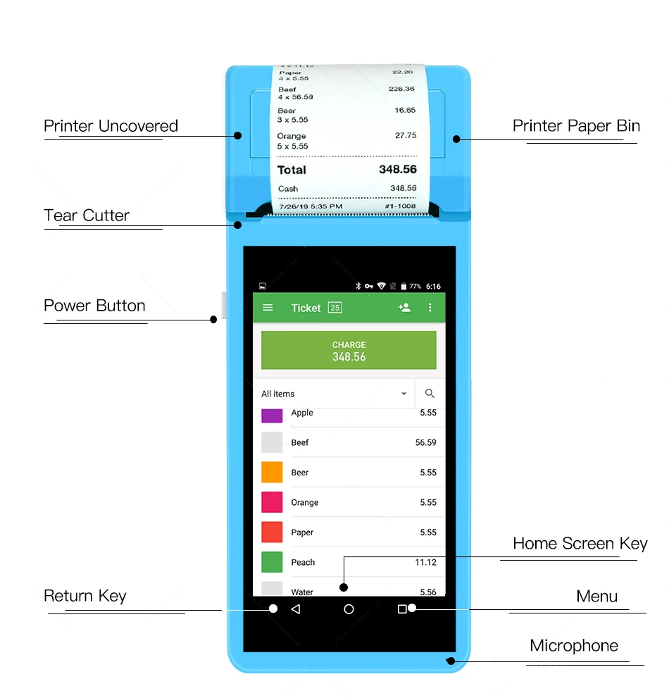 Android 8 Handheld Mobile Android POS terminal with printer and barcode Scanner