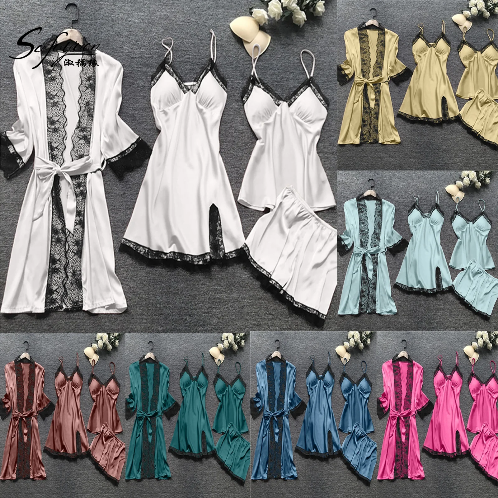 sfy-y5023 Elastic Satin Sleepwear 4PCS Pjs Set for Women Sexy Lace Robe Erotic Silk Nightdress Vest Shorts Sensual Nightgown Set