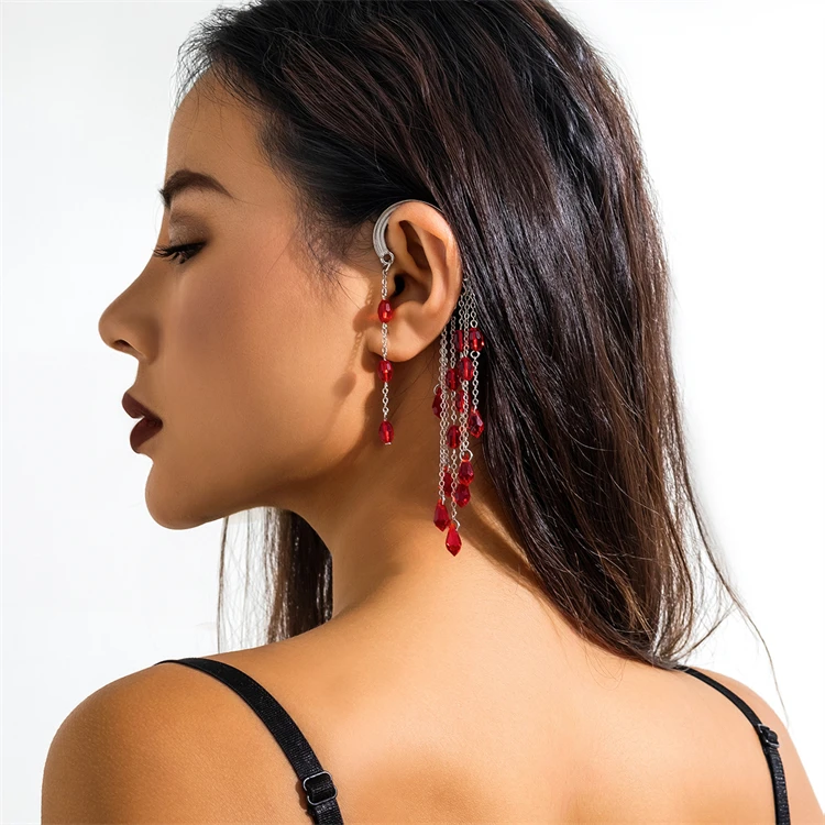 Fashion Punk Gothic Exaggerated Women Jewelry Red Crystal Blood Tassels Big Pendant Drop Ear Hook Earrings