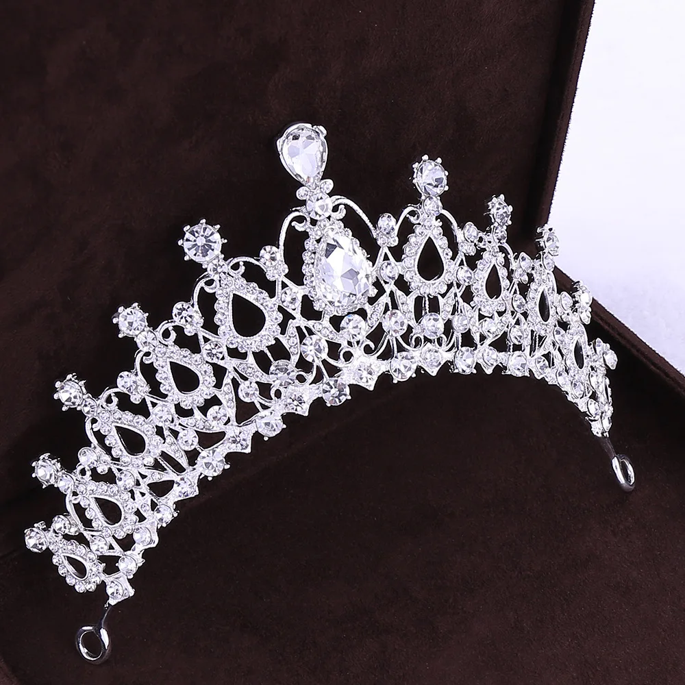 Wholesale Girl Bling Bride Hair Accessories Tiaras Earrings Necklace Wedding Crown Jewelry Set With Box