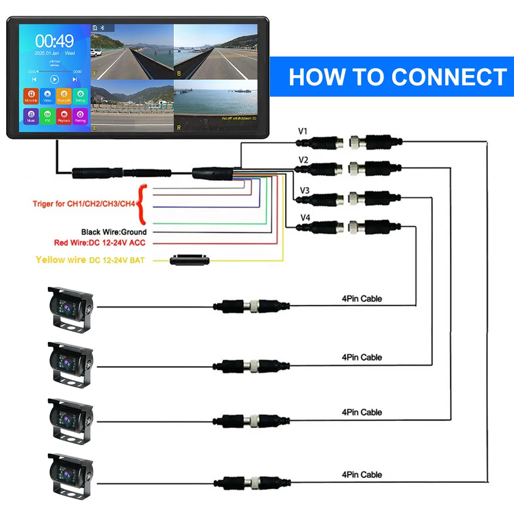4CH AHD 1080P 360 Reverse Aid truck Safety System Portable Android Touch Screen 10.36 Inch Truck Carplay DVR