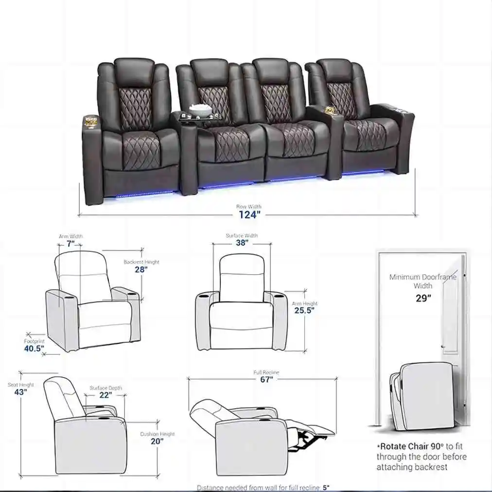 Italian leather home cinema sofa comfortable theatre seat electric recliner chair with wireless charger and led lights