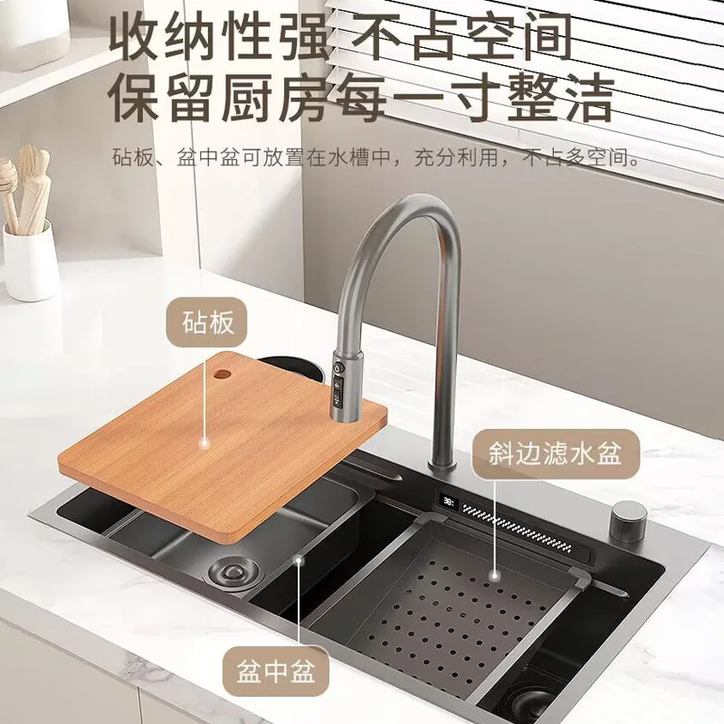 Sanitary ware wash basin Double bowl Stainless steel handmade kitchen under installation sink Waterfall faucet sink