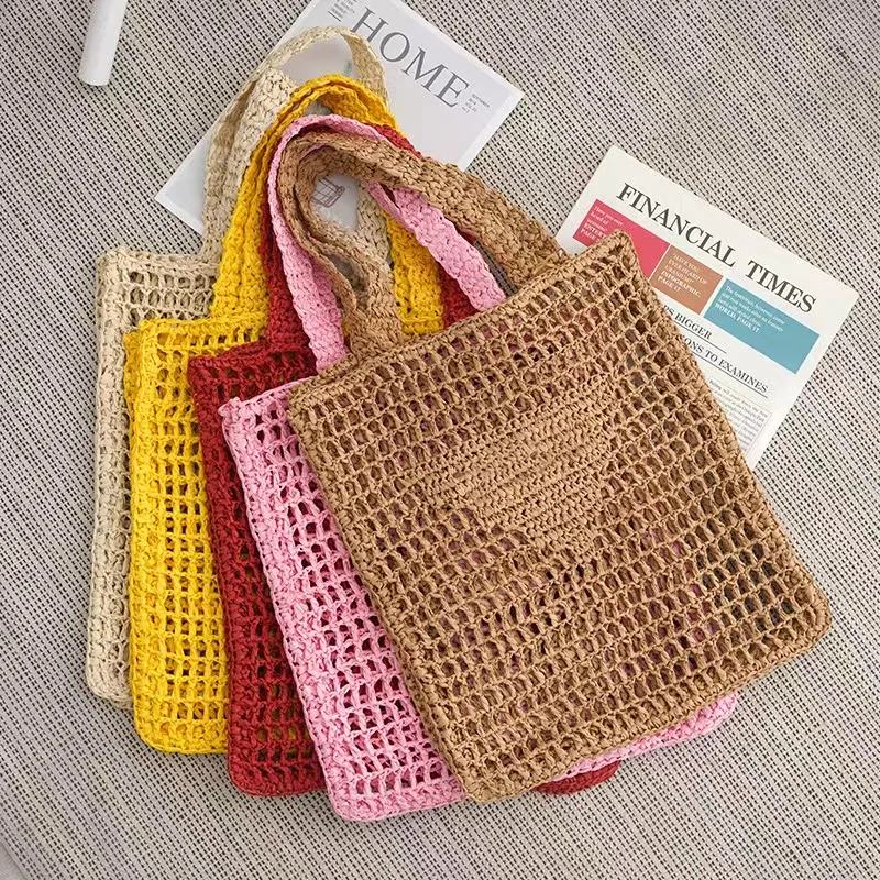 2022 The Newest Large Capacity Paper Rope Raffia straw tote shoulder handbag Polyester bag paper straw beach bag