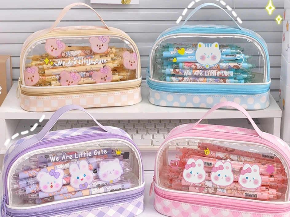 Double Cute Transparent Pen Bag Large Capacity Simple Zipper Student High Appearance Level Portable Pencil case