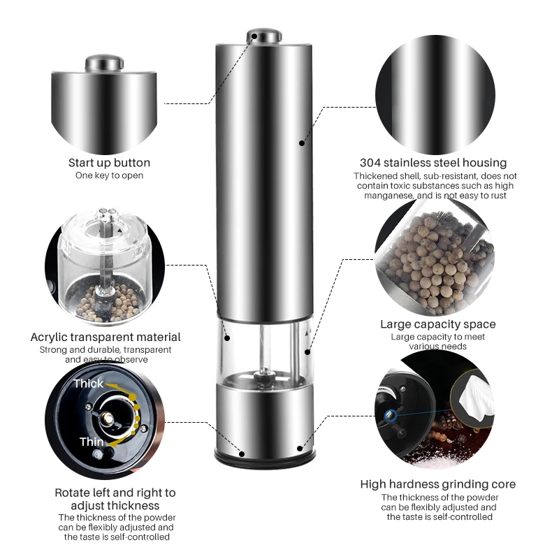 Premium Stainless Steel Electric Salt and Pepper Grinder Set Pepper Mill Portable kitchen supplies Automatic Electric Stainless