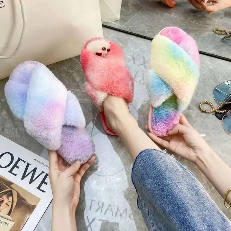 Soft Wholesale Shoes FUR Shoes Slip on FAUX Ladies Flat Women Sandals plush flip flops for girls