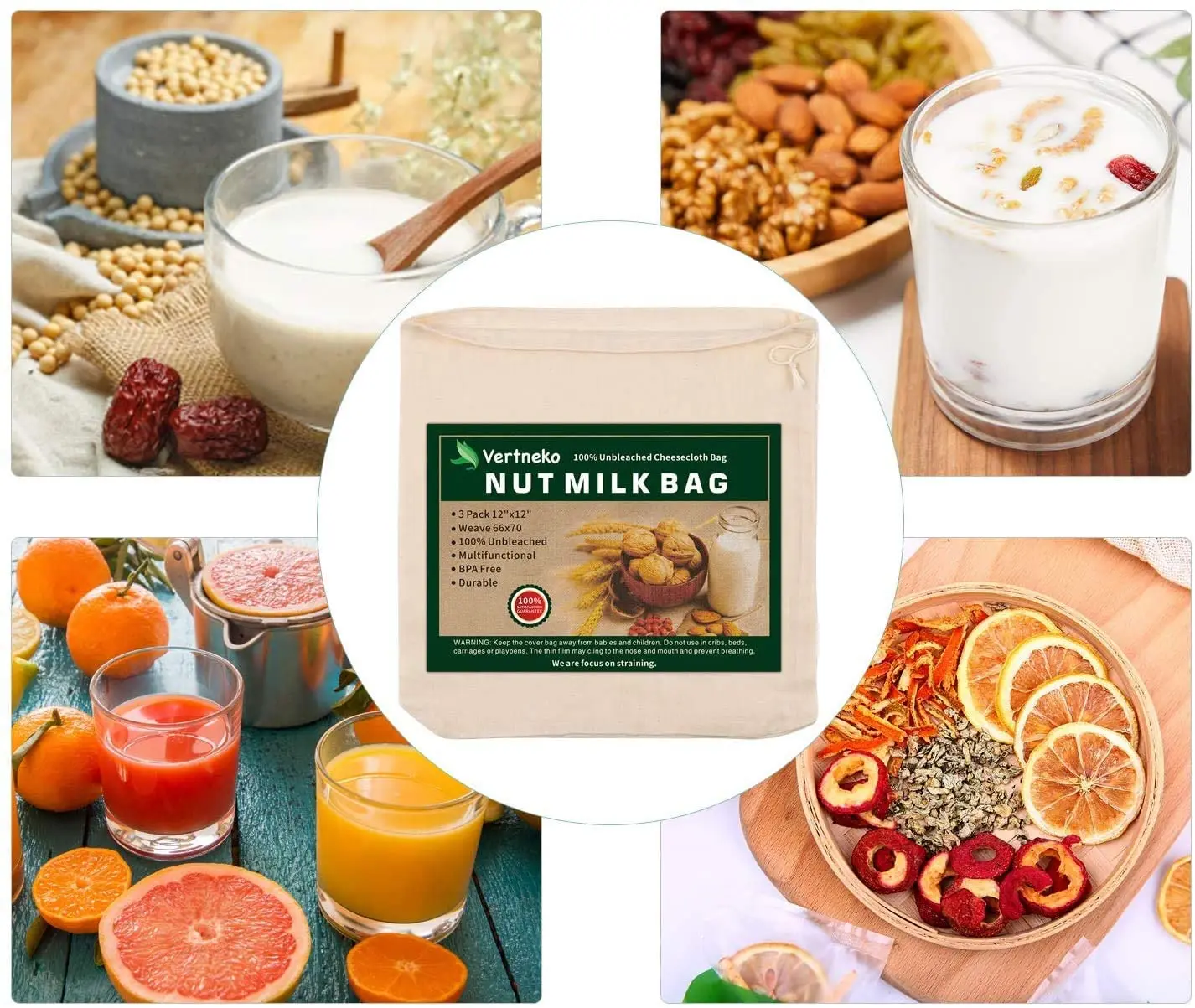 Pro Quality Unbleached Organic Cotton cieve bags for Straining nut milk