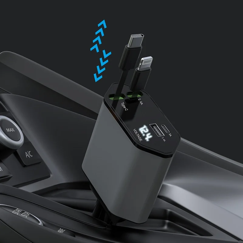 2024 new products 4-in -1 Multi- charging Ports Fast Charger with Retractable Cables and PD charge Mobile Phone Car Charger car