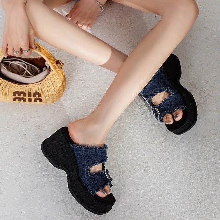 Square Toe Thick Bottom Metal Buckle Shoes Cowboy Height Increasing Slippers Comfortable Non-slip Soft Bottom Casual Shoes