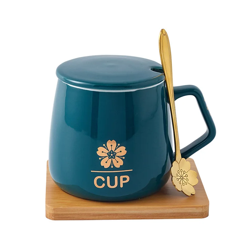 
Promotion idea 400ml wooden coaster gift box golden spoon ceramic coffee cup 