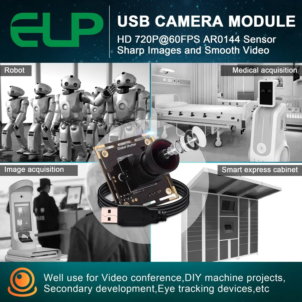 ELP Wide Angle HD Global Shutter USB Camera Module MJPEG 60fps 1280*720 Aptina AR0144 Webcam for Mac Linux Android Windows