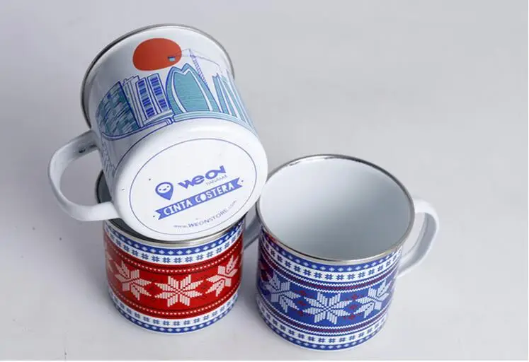 Enamel Camping Travel Cup with stainless steel rim,  stainless steel enamel Tin office 12oz travel mug