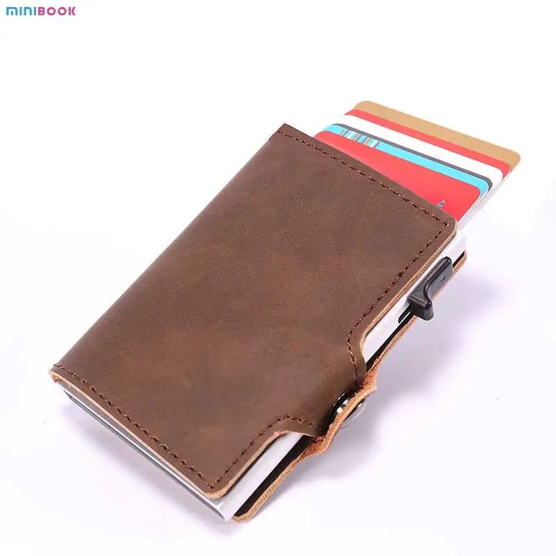 Factory Price Vintage Look Aluminum Case For Man Leather Credit Card Holder With Money Pocket RFID Slim Pop Up Minimalist Wallet