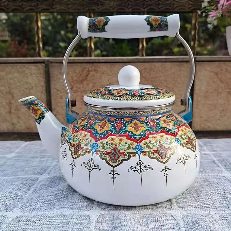 Enamel Tableware  2.5L Enamelled Metal Steel  Blooming flowers Teapot Kettle Pot with ceramic Handle