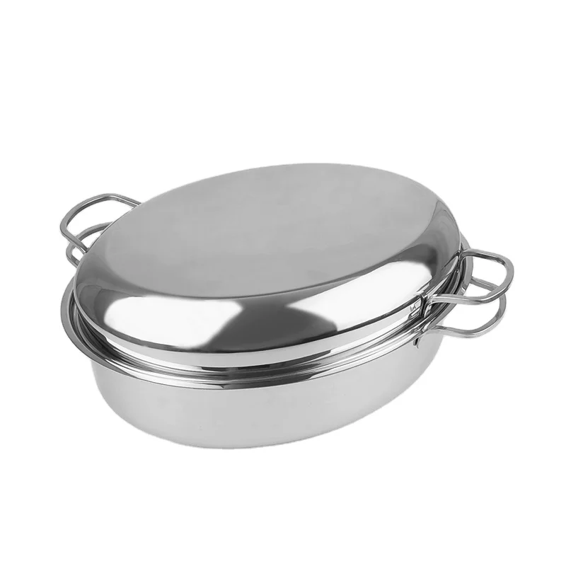 Amazon Hot selling 304 Stainless Steel Oval Roasting Turkey Baking Pan With Rack and Lid Rosting Oven Baking Pan