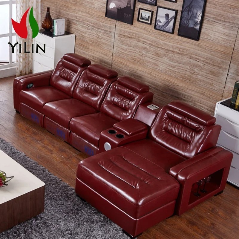 Factory Supply Modern New Design Living Room Reclining Sectionals Foshan Leather Sofa L Shape With Speakers Chaise Sofa