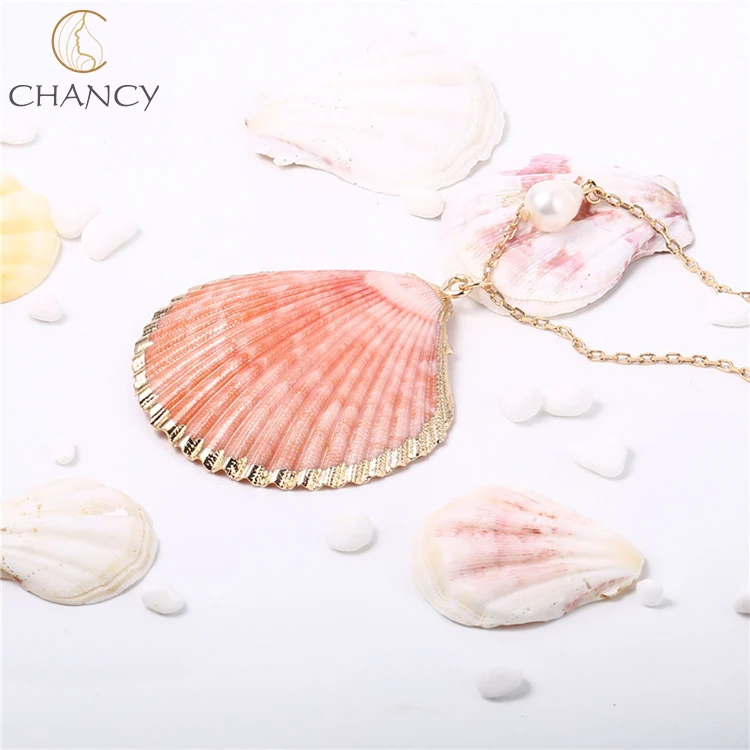 Hot sale natural sea shell necklace with natural pearl 14k gold plated necklace for woman or girl