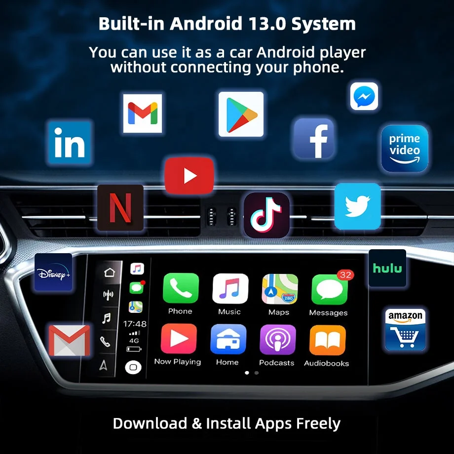 OEM оптовая продажа высококачественный адаптер CarPlay AI BOX Android 13 0 4 ГБ + 64 с голосовым управлением г Youtube Flix HDMI
