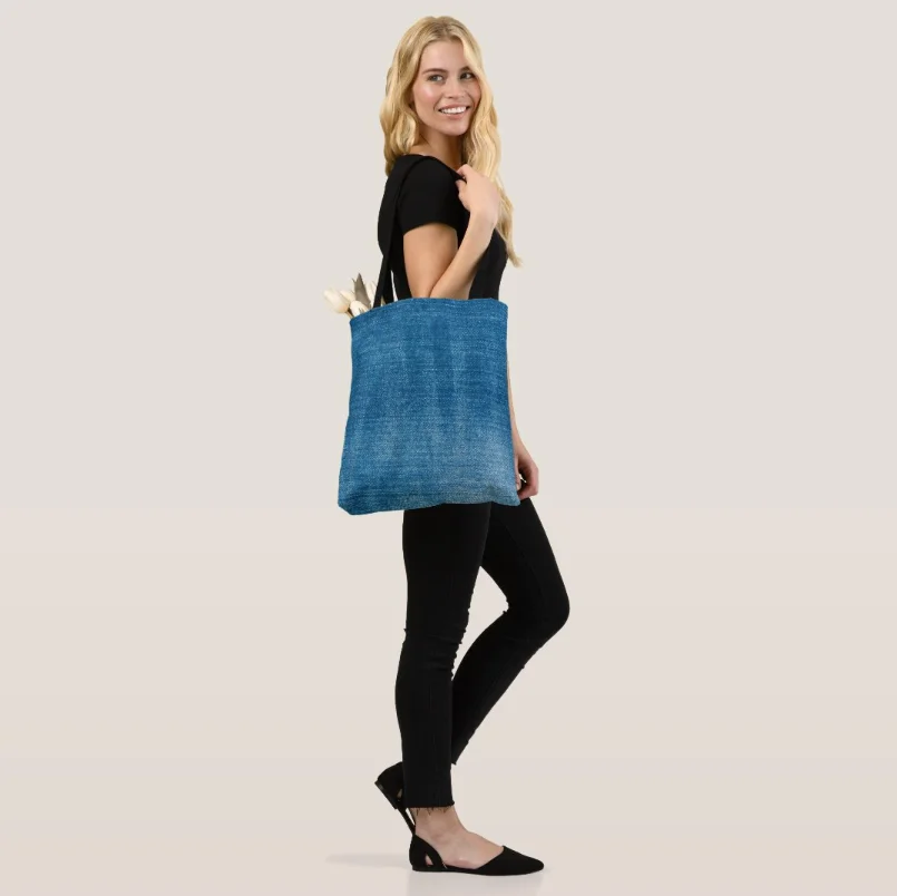 Custom Large Capacity Blue Denim Reusable Light Weight Jean Tote Shopping Bag