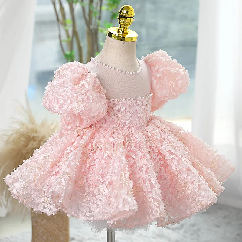 Boutique Fall Pink Beaded Puff Sleeve Flower Girls Wedding Dresses Frock Toddler Kids Pageant Party Gown Baby Casual Clothes