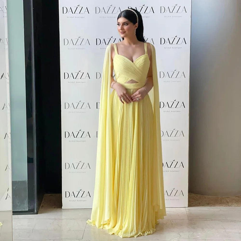 Arabic Fuchsia Chiffon Dubai Evening Dresses With Cape Sleeves Elegant Yellow Women Wedding Party Formal Gowns