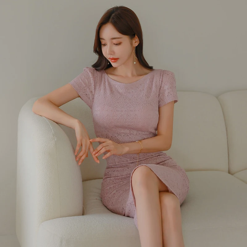 2024 Summer New Slim Fit Style Mid length Fashion Lace Short Sleeves Wrapped Hip Dress HN769058
