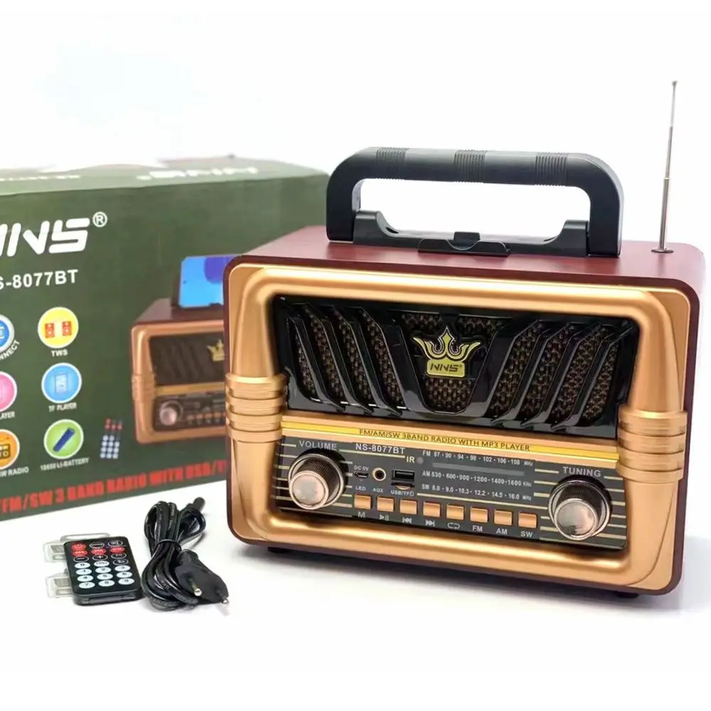 Перезаряжаемые старый стиль деревянный Настольный Радио пульт дистанционного управления стерео звук мульти с широким диапазоном, цифровой динамик NS-8077BT